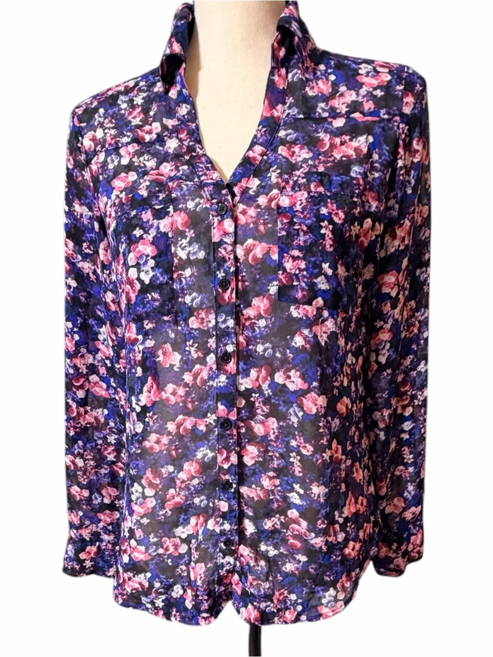 Express Portofino Sheer Floral Button-Up Blouse Top Size Small Petite